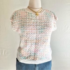 Vintage Pastel Short Sleeve Sweater White Pink Blue Boucle Kni Powder Point